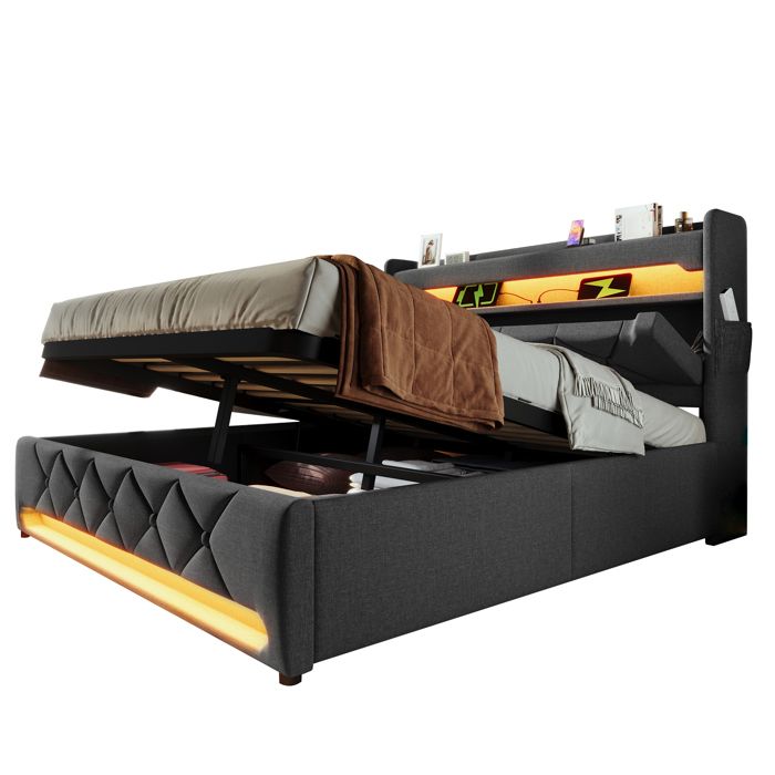 Lit Coffre 140x200 cm avec Coffre et LED Lit Double Capitonné Moderne avec Ports USB Type-C Sans Matelas Lin Gris