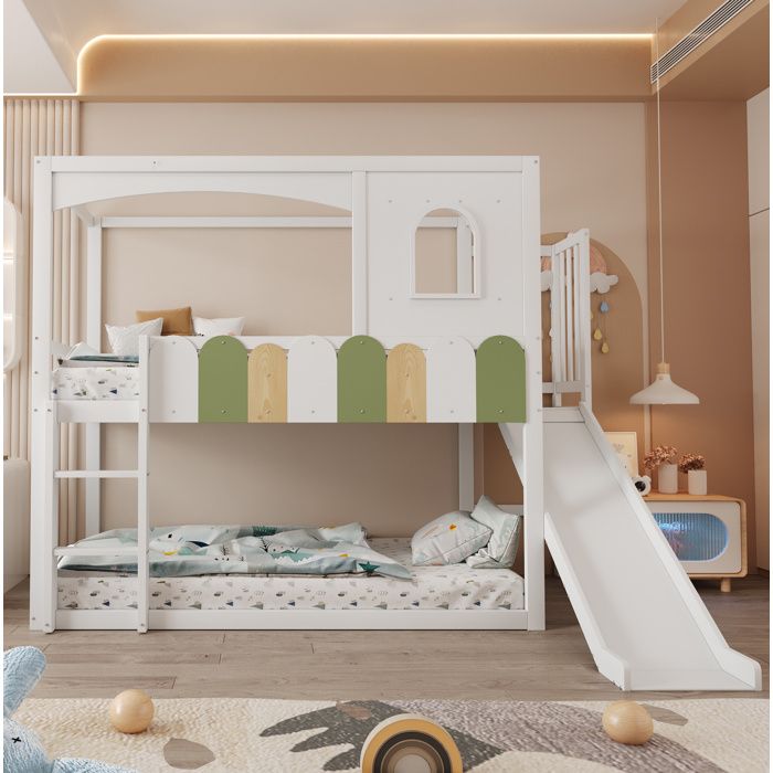Maisentiel Lit superposé enfant 90 x 200 cm blanc avec cadre maison toboggan et échelle