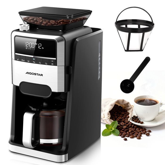 Aigostar Cafetière à Grain avec Broyeur Intégré 1400W-Machine à Café Filtre 15L(12 Tasses)-7 Moutures&3 Intensités Programmable 24H - Aigostar