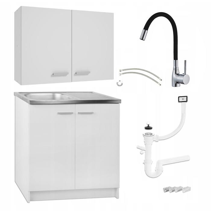 STAMAR Meuble sous Évier 80 cm Blanc + Évier Inox + Robinet Flex Pivotant Noir + Siphon LV + Meuble Haut - 80x49x82 cm