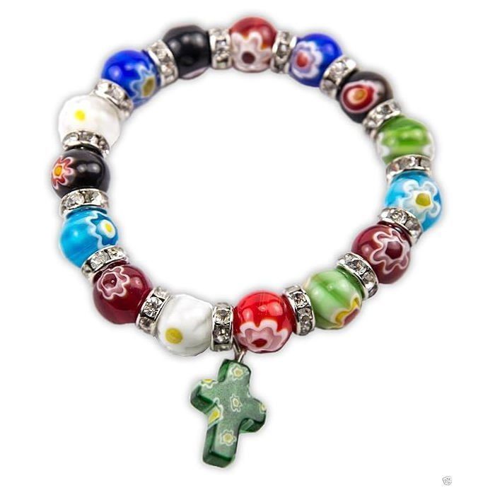 Nazareth Store Bracelet Croix en Verre Murano Perles Millefiori Bijoux Religieux Fait Main Cadeau Spirituel pour Femmes