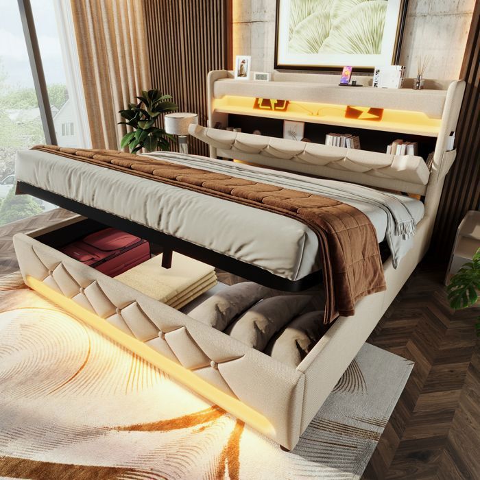 Lit Double - Lit Coffre 140x190 - Tête de Lit avec Étagère - LED - USB et Type-C - Tissu Lin Beige - MERAX