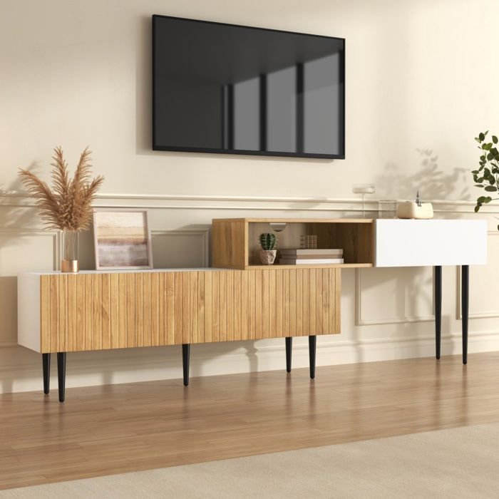 Meuble TV Extensible 130-220cm - Banc Télé Modulable Design Moderne avec Rangements - Panneaux et Métal Aspect Bois et Blanc