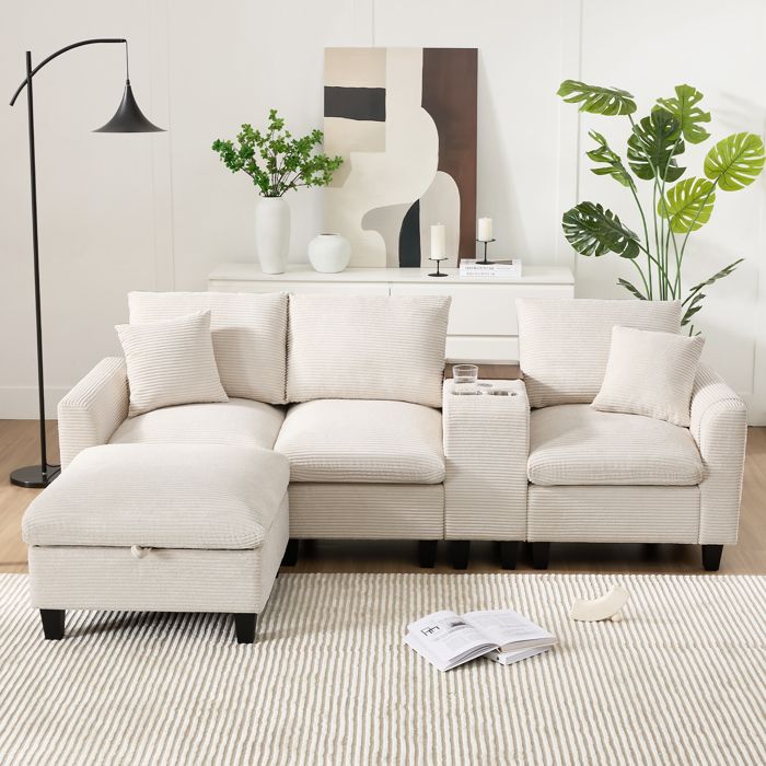 Canapé d’angle modulaire 4 places beige 229 x 149 5 x 83 cm console USB et rangement