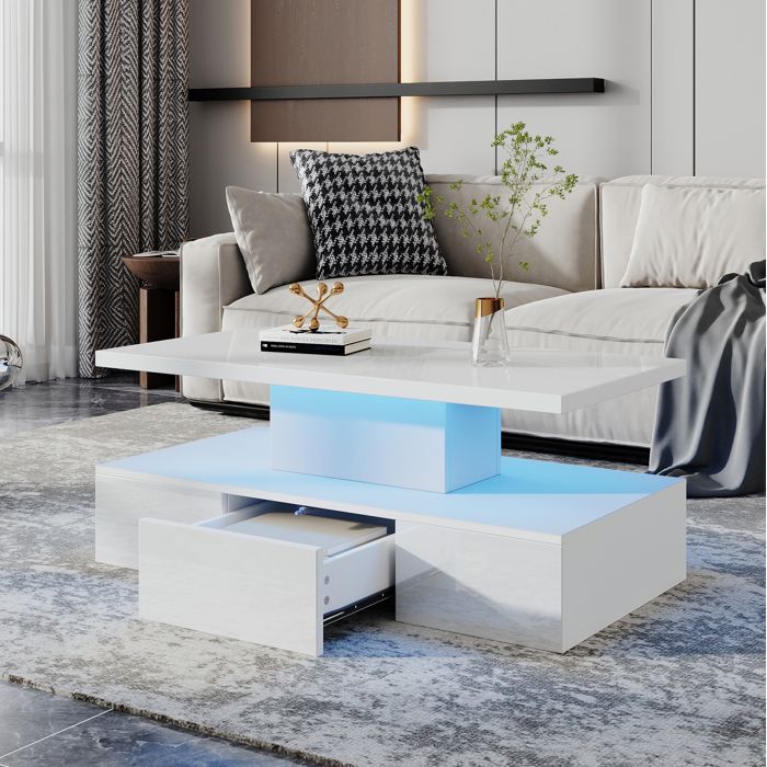 Table basse blanche brillante avec LED étagère ouverte et 1 tiroir