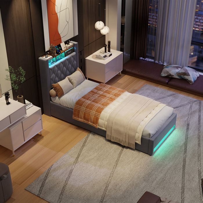 Lit Coffre Lit Simple avec USB et LED Réglable 90×190 cm sans Matelas Revêtement Rembourré Gris