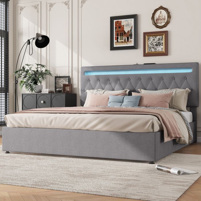 Lit Coffre Double 180 × 200 cm avec LED USB et USB-C Sans Matelas Lin Gris - UVRION