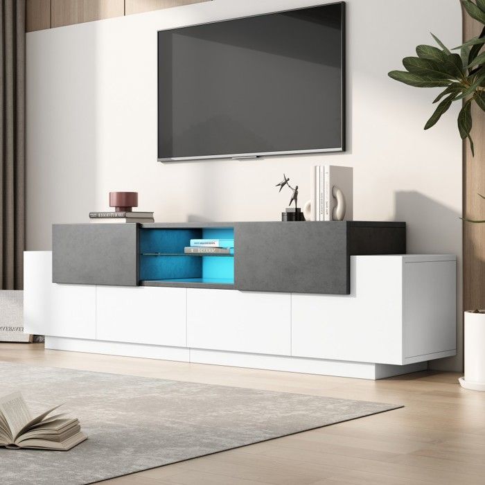 Meuble TV blanc/gris - étagères verre - buffet bas - rangement multimédia gaming - pour TV 55-80 pouces Meuble TV blanc/gris - étagères verre - buffet bas - rangement multimédia gaming - pour TV 55-80 pouces