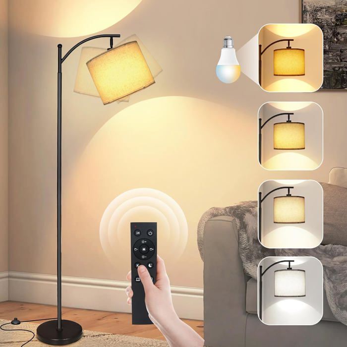 Lampadaire Led Sur Pied Salon Lampe À Arc Abat-Jour En Lin Beige Avec Variateur Télécommande Et Interrupteur À Pédale Ampoul[IN36]