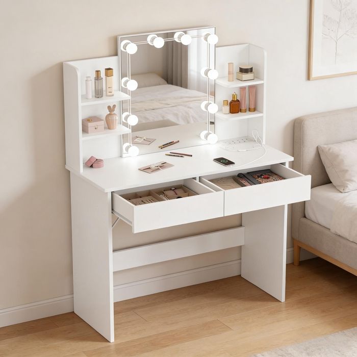 Coiffeuse avec Miroir LED à Luminosité Réglable - avec Rangement-2 Tiroirs & 4 Étagères-Table de Maquillage Blanche en Bois
