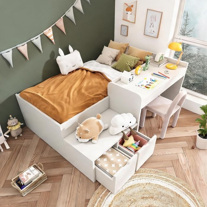 Lit enfant 90x200 cm en bois massif blanc avec bureau et rangements intégrés