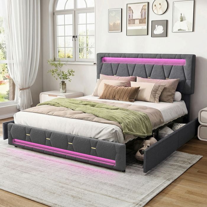 Lit double 160 x 200 cm - SORVAGLOS - lit rembourré avec LED et 4 tiroirs -Lit 2 Personnes - sommier à lattes - lin - gris
