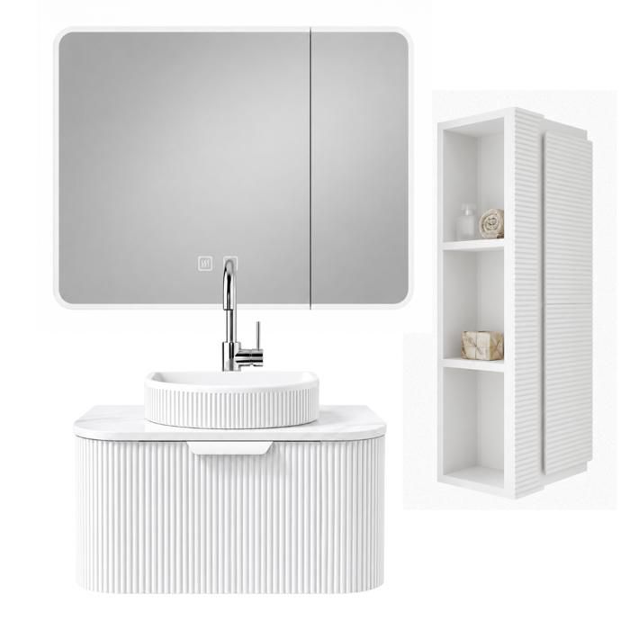 Ensemble meuble de salle de bain avec vasque armoire miroir LED et colonne - 60 cm - Blanc - RAIN Ensemble meuble de salle de bain avec vasque armoire miroir LED et colonne - 60 cm - Blanc - RAIN