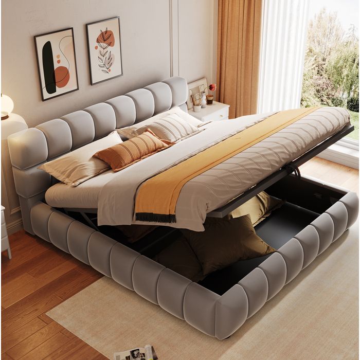 HOMVRA Lit coffre rembourré 140 x 200 cm en velours gris ouverture hydraulique sommier à 26 lattes