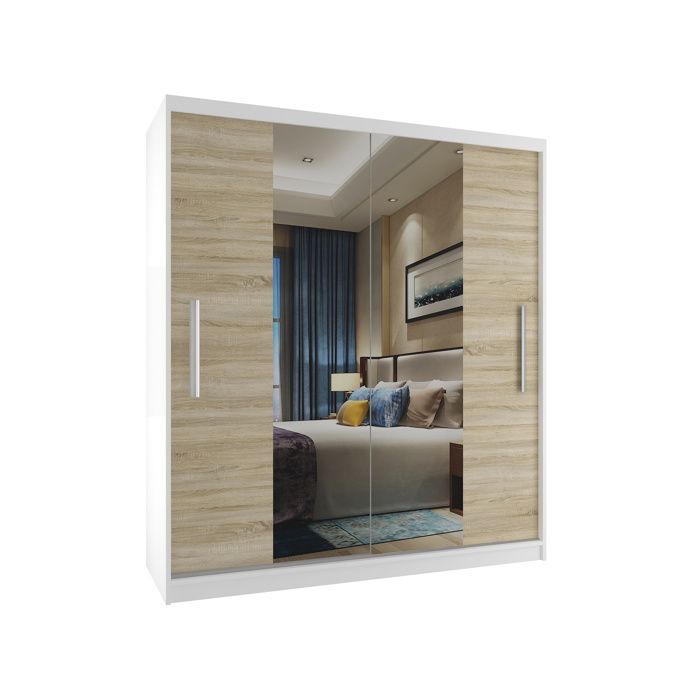 BELINI Grande Armoire 2 Portes Coulissantes VERONA ME 133 cm - Blanc / Chêne Sonoma - Miroir Intégré & Tringle - Chambre Adulte