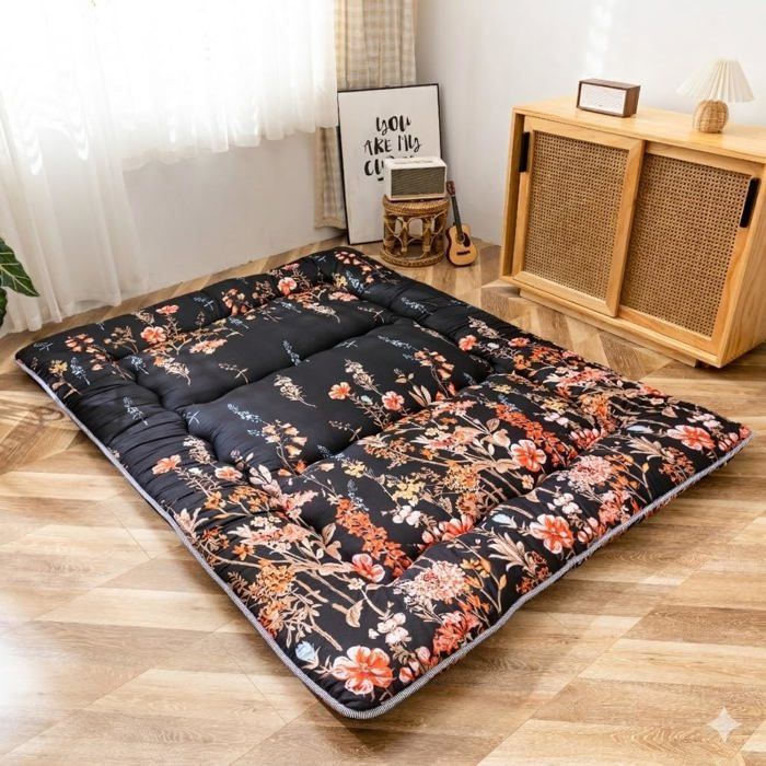 Matelas Futon De Sol Japonais - Matelas Appoint Lit JaponaisFuton Pliable Avec Sac De Transport Camping (Fleuri Noir 90X190Cm)