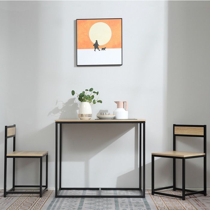 Ensemble table et 2 chaises 90 x 47 x 76 cm style industriel chêne clair et métal noir pour 2 personnes