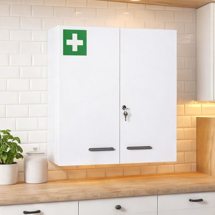 Meuble de salle de bain mural en acier blanc 55x18x60 cm avec serrure et 6 étagères