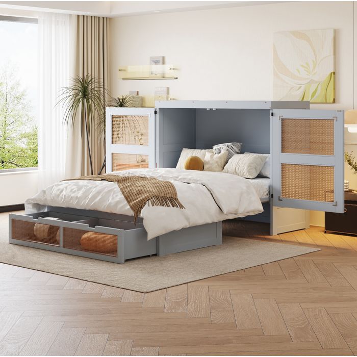 Lit escamotable Double 140×200 cm avec sommier tiroirs design rotin et rangement - MEUNIQ - Sans matelas bois gris