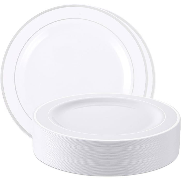 Assiettes plastique réutilisables lot de 40 26 cm blanc argent résistantes chaleur 80 °C PS alimentaire lave-vaisselle