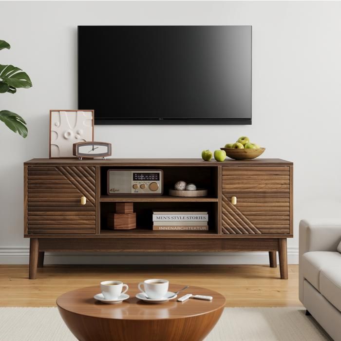 MEUBLIV Meuble TV 110 cm en MDF aspect bois noyer 2 portes rangement central style mid-century