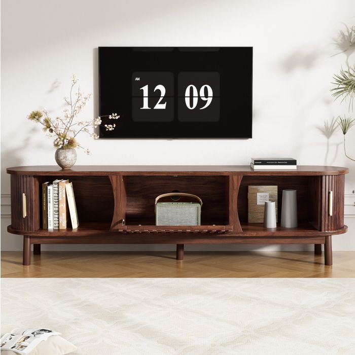 ULEVR Meuble TV bas 165 cm marron en MDF portes coulissantes et abattante 5 pieds style rétro