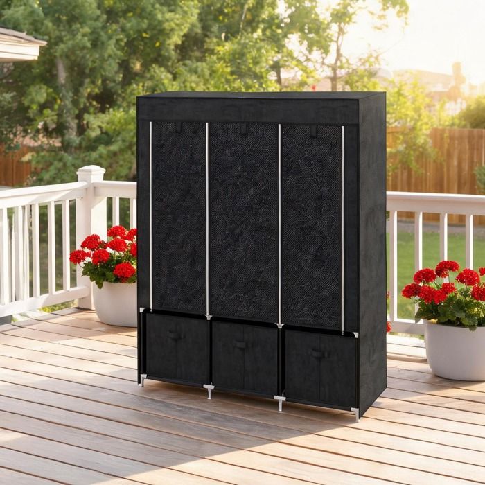 Armoire pliante en acier deep black 125 x 43 x 162 5 cm avec tringles et tiroirs tissu