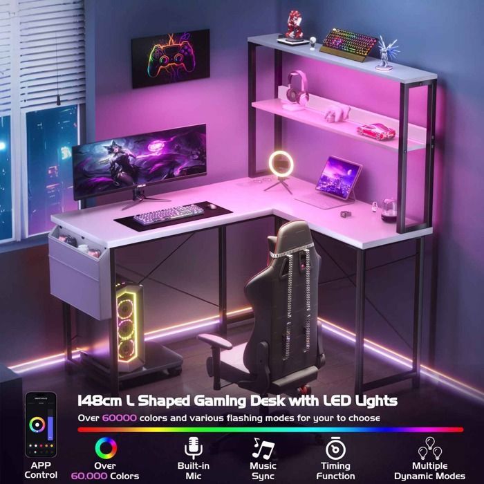 Bureau Gaming en L 135 cm Réversible – LED RGB Multiprise USB/AC Étagères Crochet Bureau dAngle Blanc