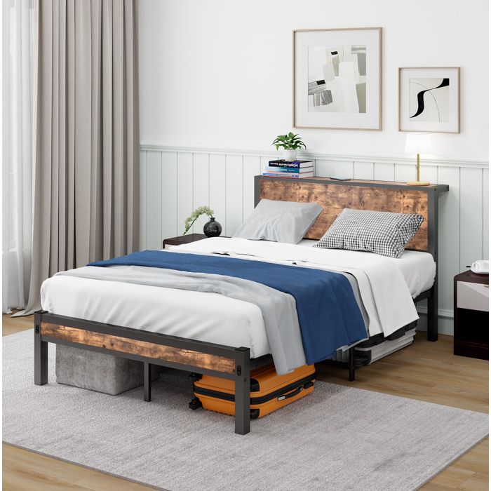 ELVORIN Sommier 120 x 200 cm en métal avec tête de lit à rangement 13 lattes sans boxspring marron antique