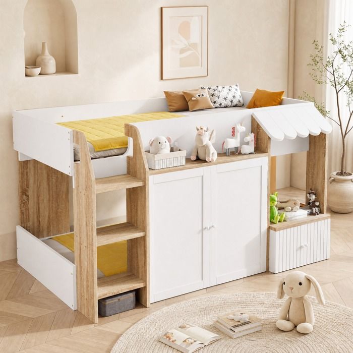 Lit mezzanine enfant - ZEVKOR - 90x200 - Mi-hauteur - Rangements 2 portes - Blanc et bois naturel