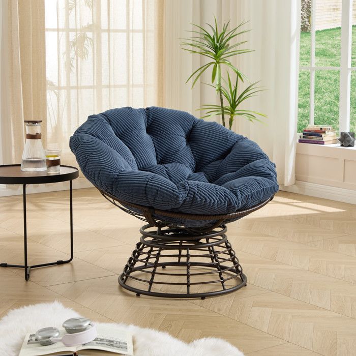 Fauteuil papasan en osier - Funmoon - Pivotant à 360° - Coussin épais - Coussin bleu marine - Garnissage coton