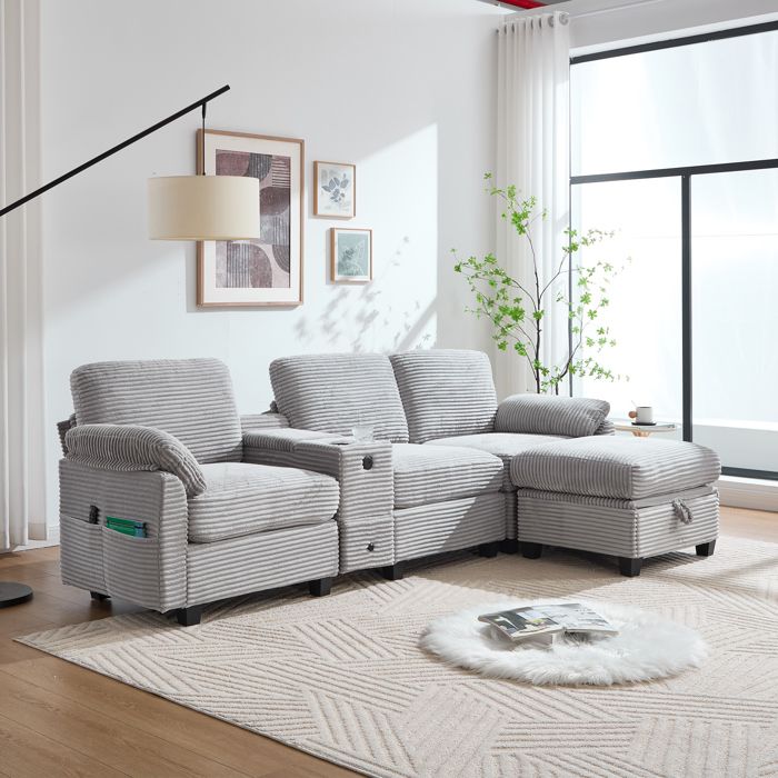 Canapé fixe 3 places - ZEVKOR - Corduroy console centrale - USB-C & rangement - Pouf inclus