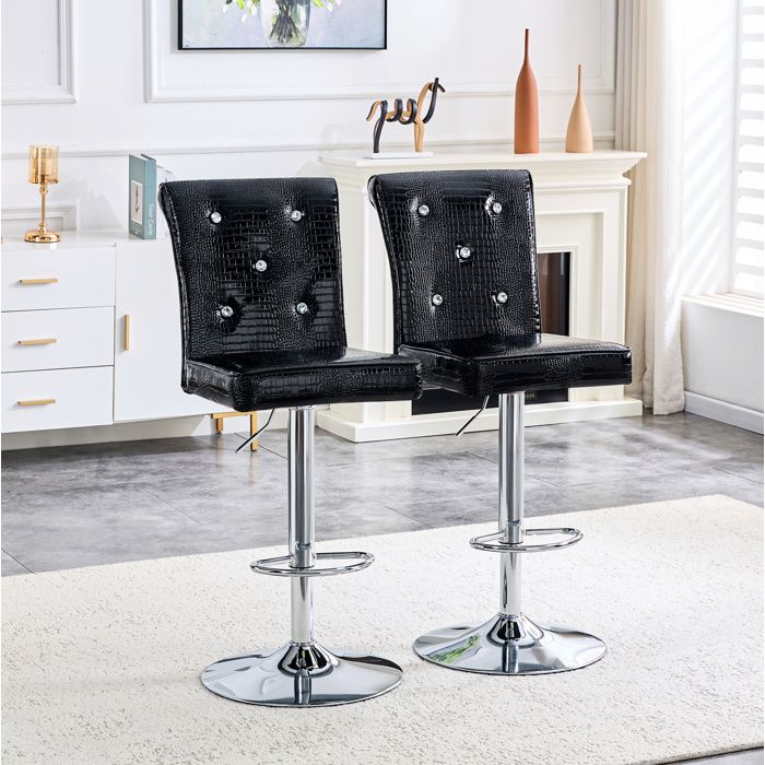 MEULVA Tabouret de bar lot de 2 noir dossier haut simili cuir PVC effet croco hauteur réglable base chromée