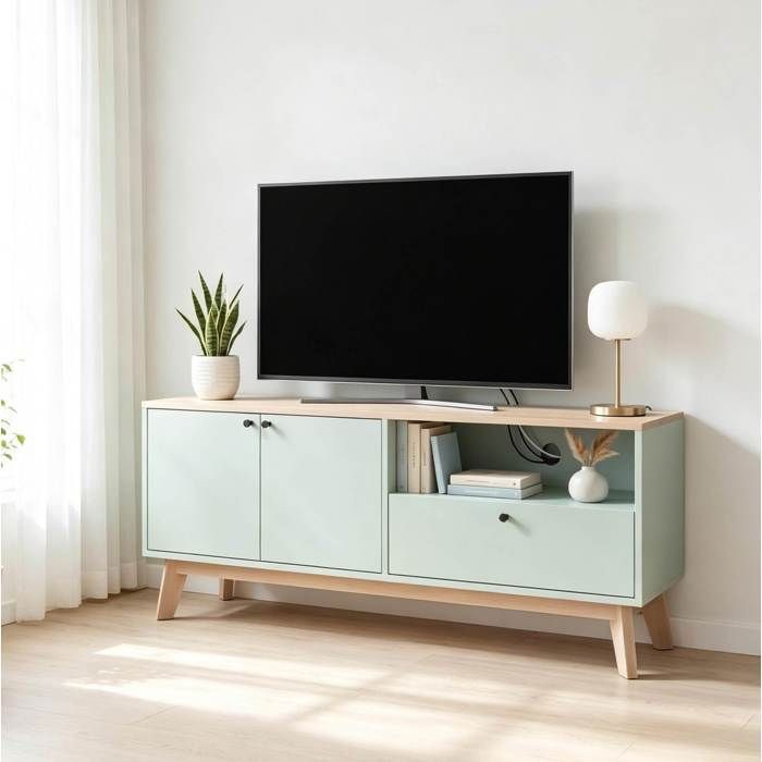 WUVRIE Meuble TV 120 cm avec 2 portes 1 tiroir rangement ouvert MDF vert clair et chêne