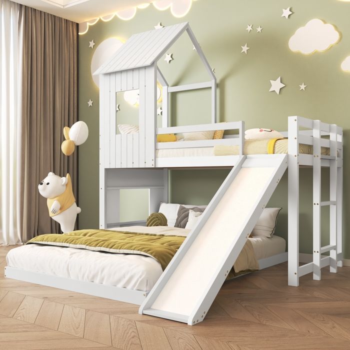 Lit superposé cabane avec toboggan 3 places 90x200 140x200 lit enfant bois pin blanc avec toit et barrière de sécurité