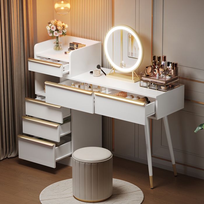 Coiffeuse 100x41 5x102 cm avec miroir LED 3 couleurs dimmable plateau extensible 6 tiroirs poignées dorées blanc sans tabouret