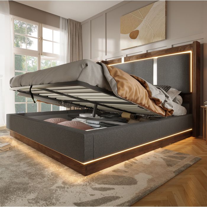 Lit coffre 160x200 avec sommier à lattes relevage hydraulique LED intégrée tête rembourrée gris effet noyer TYNQER