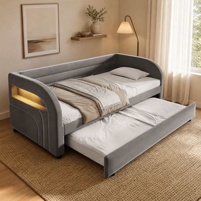 Lit gigogne - ZEVKOR - capitonné - 90 x 200 cm - LED multicolore - Flanelle gris