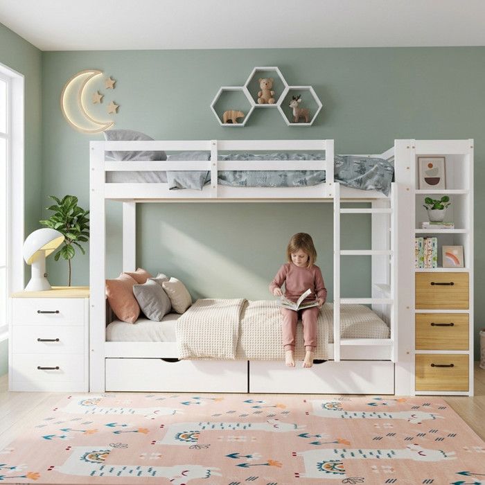 Lit superposé blanc 90x200 cm en bois avec étagère de rangement latérale tiroirs échelle et commode de chevet à placer librement