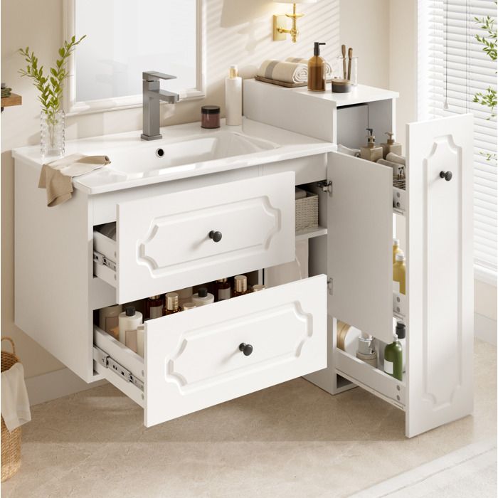 MEUBLIV Ensemble meuble salle de bain 107 cm avec vasque en céramique 2 tiroirs et colonne blanc