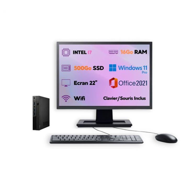 PC Ultra Mini - Intel Core i7 - Windows 11 Pro - SSD 500Go - RAM 16Go - Écran 22 + Clavier et Souris - Ordinateur de Bureau