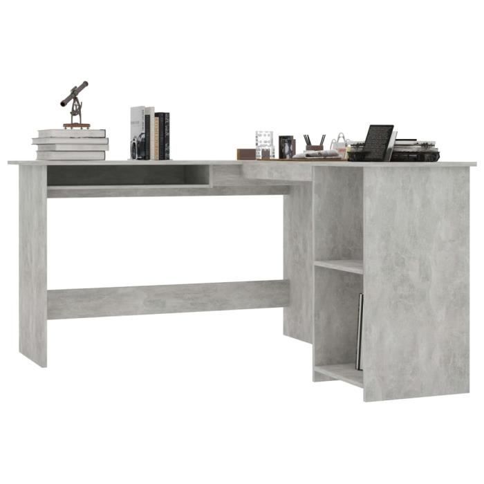 Bureau dangle en L KAI - Gris béton - Avec clavier coulissant et 2 étagères ouvertes Bureau dangle en L KAI - Gris béton - Avec clavier coulissant et 2 étagères ouvertes