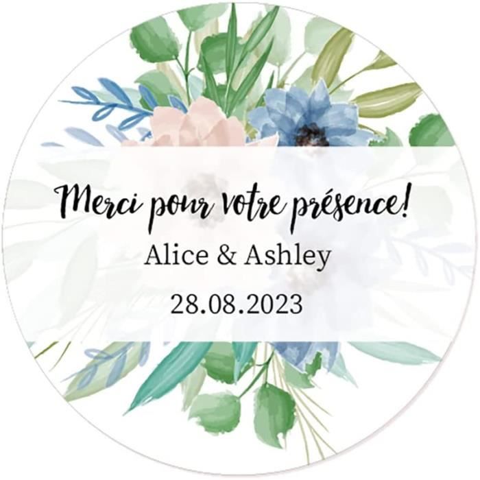 50 STICKERS Autocollants Mariage PERSONNALISÉS Merci pour votre présence! 40MM étiquettes de
