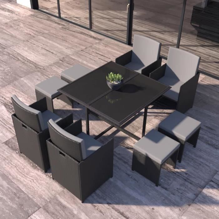 Le MÃ©laurie : Salon de jardin rÃ©sine tressÃ©e Noir et Gris 8 places -  Cdiscount Jardin