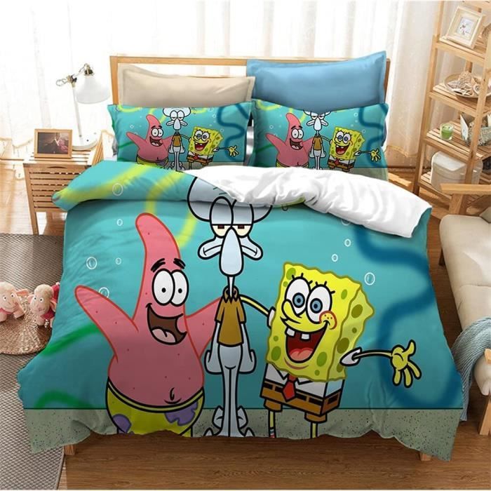 Brossé 3 Pièces  Coton à Longues Fibres De Luxe Spongebob Squarepants Housse De Couette Ensemble De Literie -140x200cm[260]