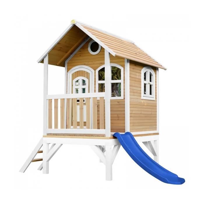 AXI Tom Maison Enfant avec Toboggan bleu | Aire de Jeux pour l'extérieur en marron & blanc | Maisonnette / Cabane de Jeu en Bois FSC