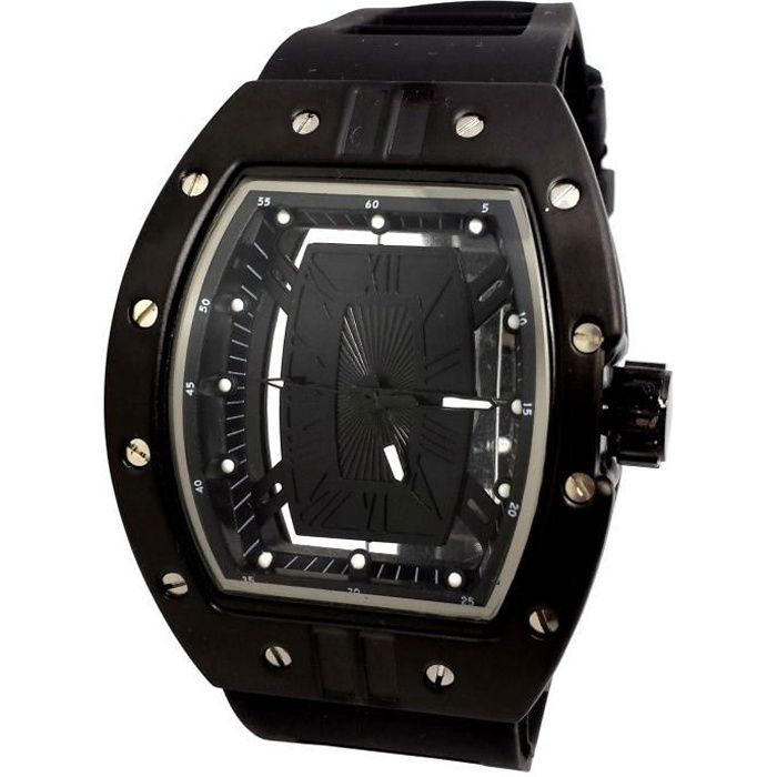 MONTRE HOMME XXL BLACK NOIR CARRE CHIFFRES ROMAINS BOSS TRANSPARENT