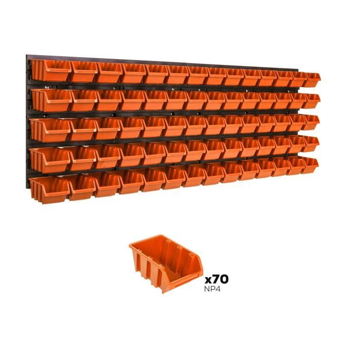 Lot de 70 boîtes XS bacs a bec orange pour système de rangement 115 x 39 cm au garage