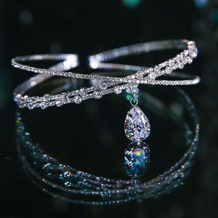 Parure Bijoux Goutte Cristal Bleu - Collier, Boucles D'oreilles, Bracelet - Strass Brillant - Pour Mariage, Soirée, Cadeau