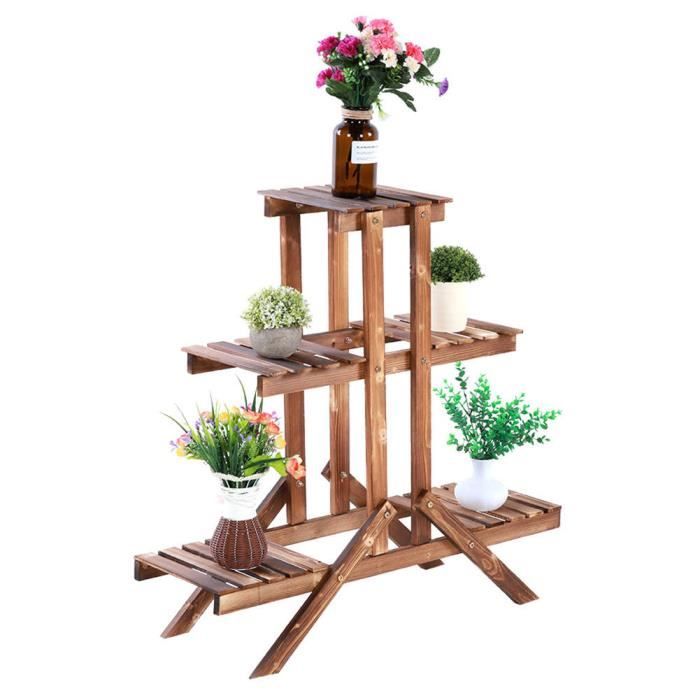 Relaxdays Étagère à Fleurs En Bois Escalier 3 Étages 5 Places - Support Plantes Intérieur Brun Foncé 82,5 X 83 X 28,5 Cm